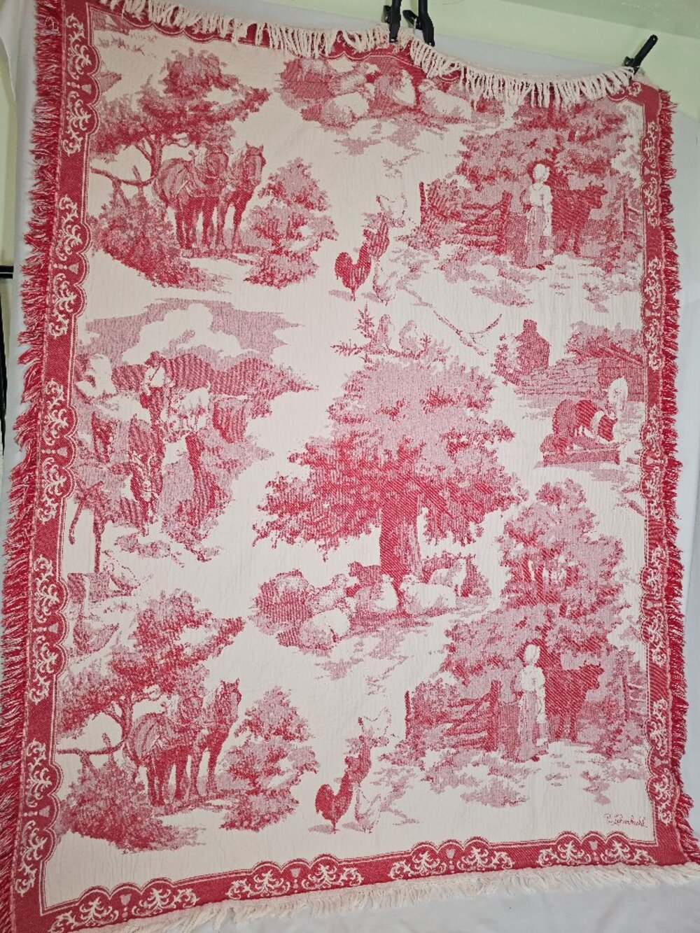 vintage Pat Lehmkuhl "Country Farm" 2-color tapestry throw 50"x65"